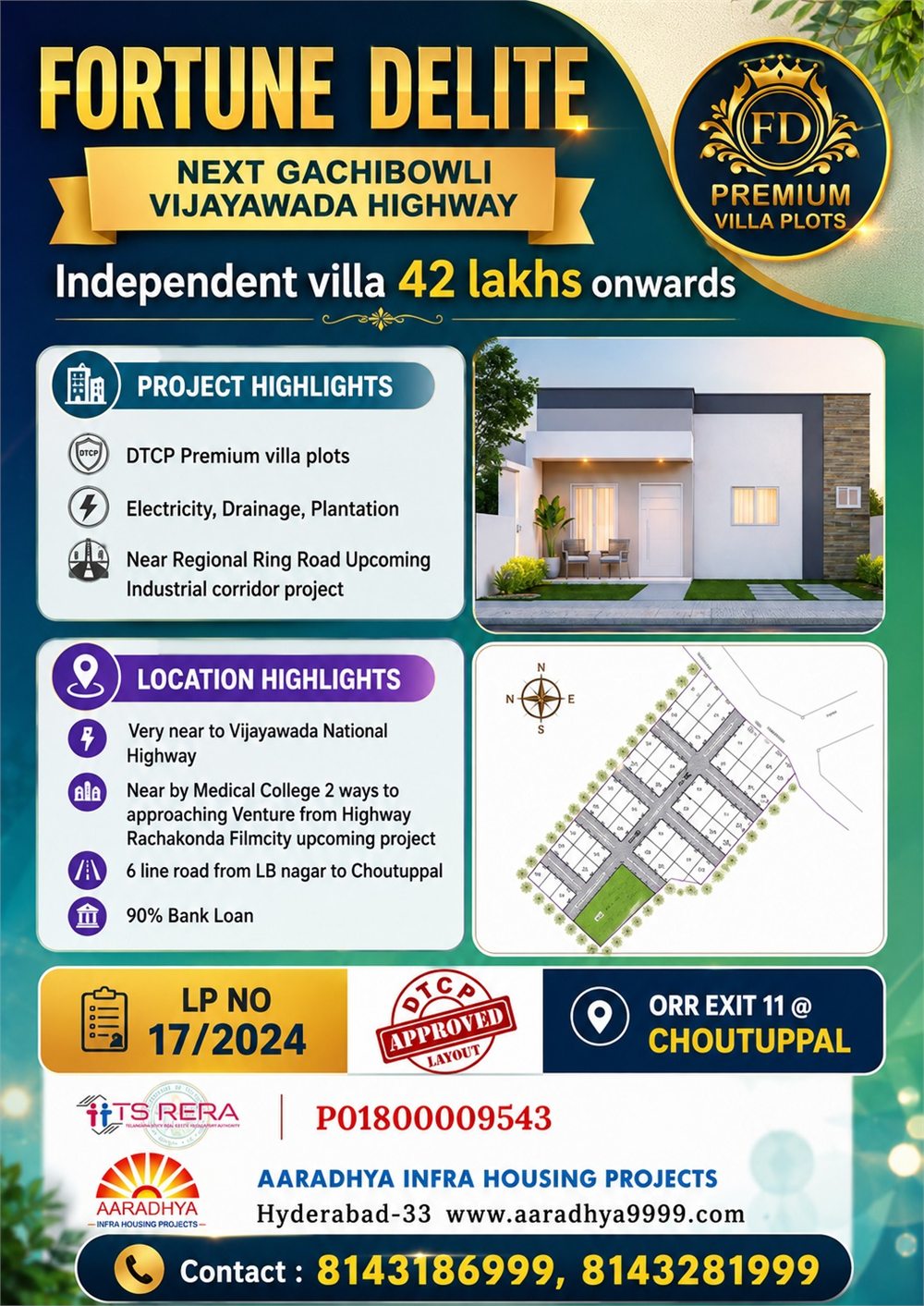Fortune Delite premium villa plots brochure showing project and location highlights