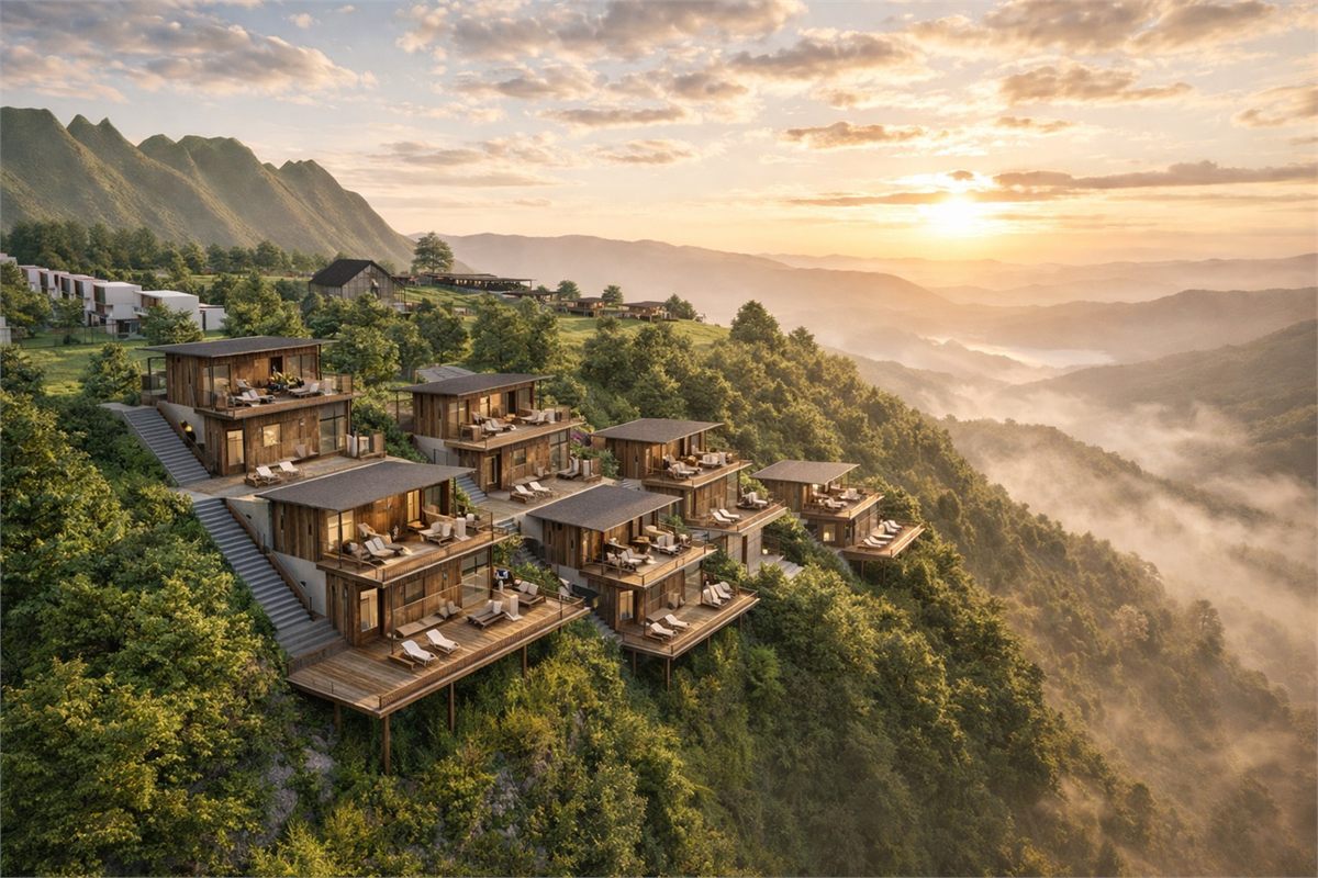 Hilltop villas overlooking a valley at sunrise at Sunrise Farm Valley
