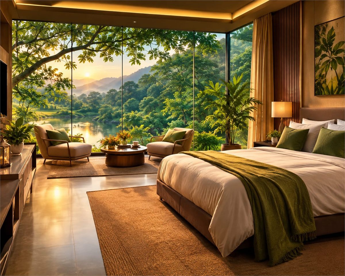 Suite room interior with floor to ceiling valley views