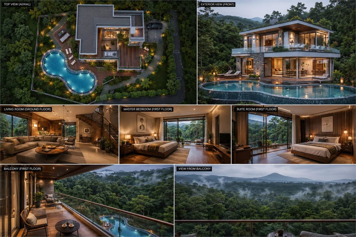 Villa layout views including aerial, exterior, living room, master bedroom, suite room and balcony