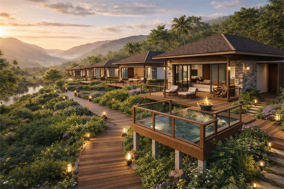 Villas with private pools and decks along the valley slope